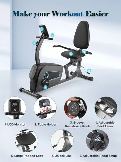 Home Stationary Bike Sturdy Quiet 8 Levels Recumbent Bikes Large Comfortable Seat Heart Rate Handle solutions by Stroked Out Sasquatch's Disability Store for better Stroke Recovery