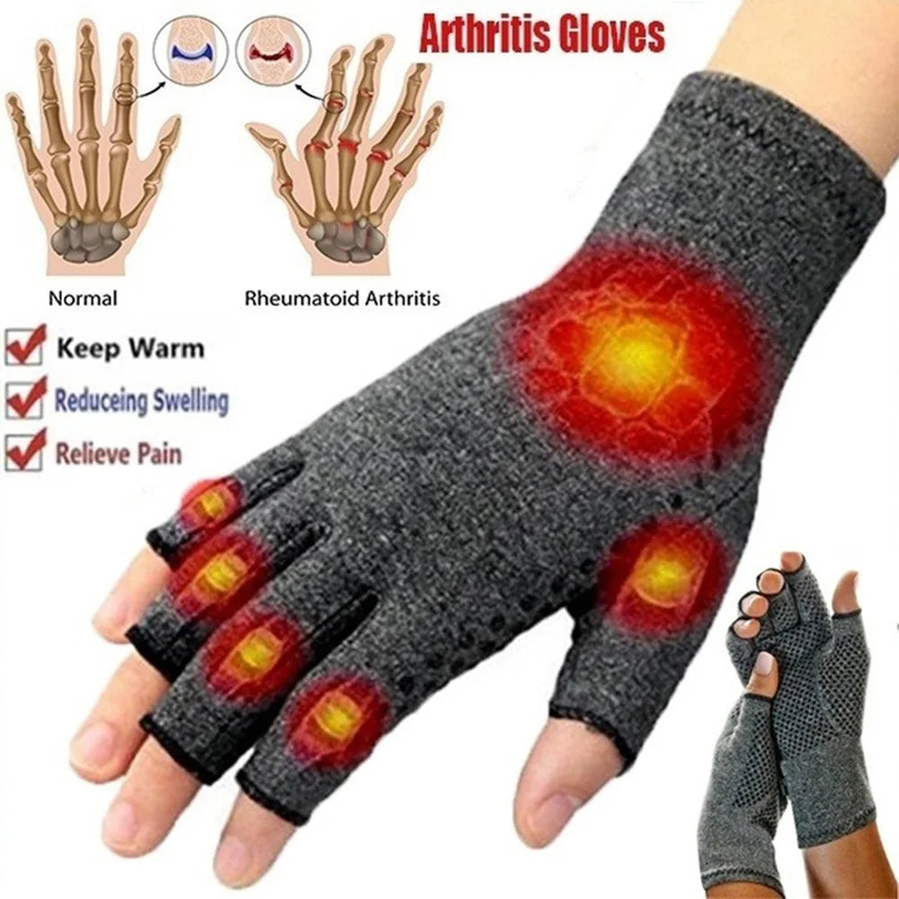 Arthritis gloves providing compression, joint pain relief, and support with touchscreen capability.