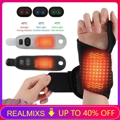 Advanced self-heating wrist band with magnetic therapy, featuring adjustable temperature settings and massage intensity for pain relief and hand warming.