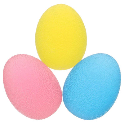 Colorful 3-piece hand therapy grip balls for massage and stroke recovery, featuring soft, medium, and hard textures.