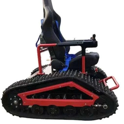 Rubber tracked wheelchair with remote control motor power for all-terrain use, including snow.