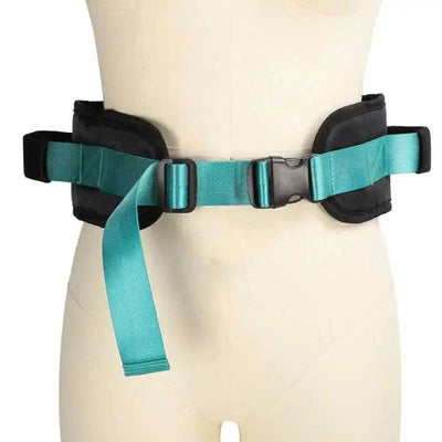 Walking gait belt with adjustable quick release buckle and foam handles for elderly and disabled safety.