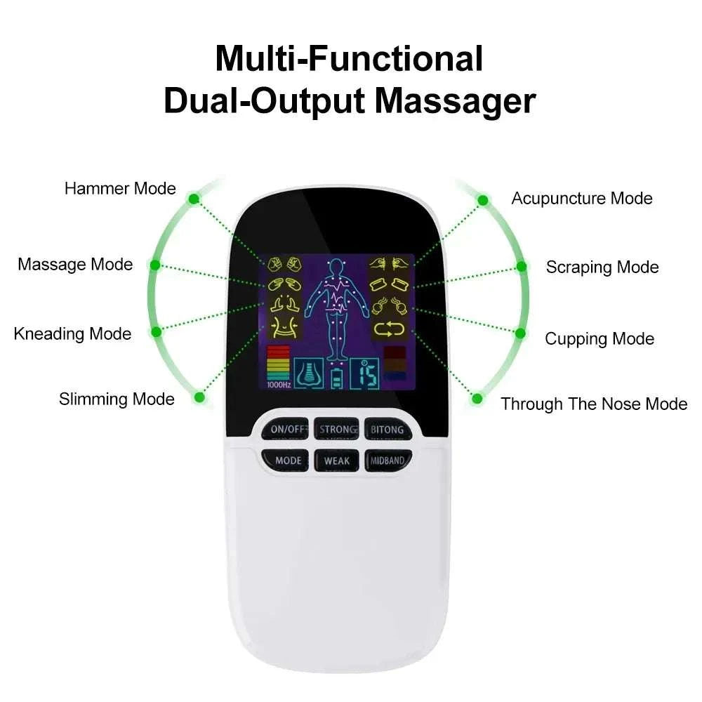 Multi-functional dual-output EMS back massage device with modes for acupuncture, massage, scraping, cupping, and more.